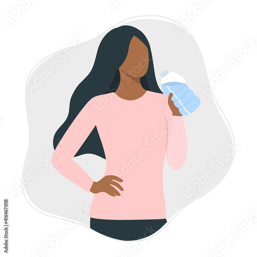 Black woman drinks water from bottle flat style vector illustration. Drink more water concept isolated on white background.