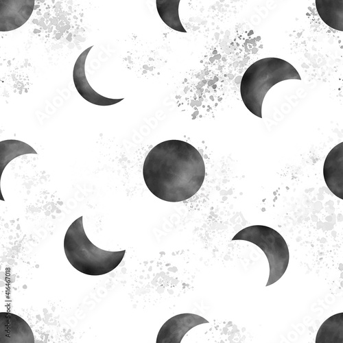 Trendy black moon watercolor pattern with watercolor splash drops on background. Seamless pattern perfect for paper, fabric, textiles, apparel.