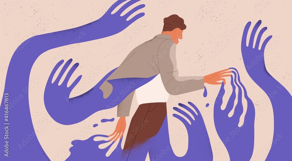 Obraz premium Man struggling with fear, social influence, control and manipulation. Concept of escaping from addiction and dependence. Colored flat textured vector illustration of man attached to creeping hands