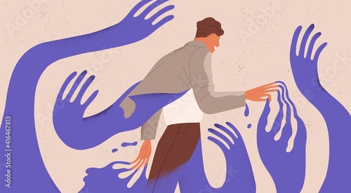 Man struggling with fear, social influence, control and manipulation. Concept of escaping from addiction and dependence. Colored flat textured vector illustration of man attached to creeping hands photo