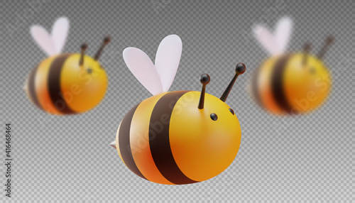 A set of bees in focus and out of focus. Two blur step. Cartoon style. 3D illustration. Vector