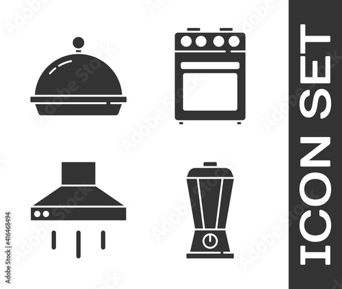 Set Blender, Covered with tray of food, Kitchen extractor fan and Oven icon. Vector.