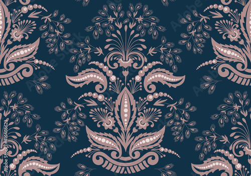 Damask seamless pattern element. Vector classical luxury old fashioned damask ornament, royal victorian seamless texture for wallpapers, textile, wrapping. Vintage exquisite floral baroque template.