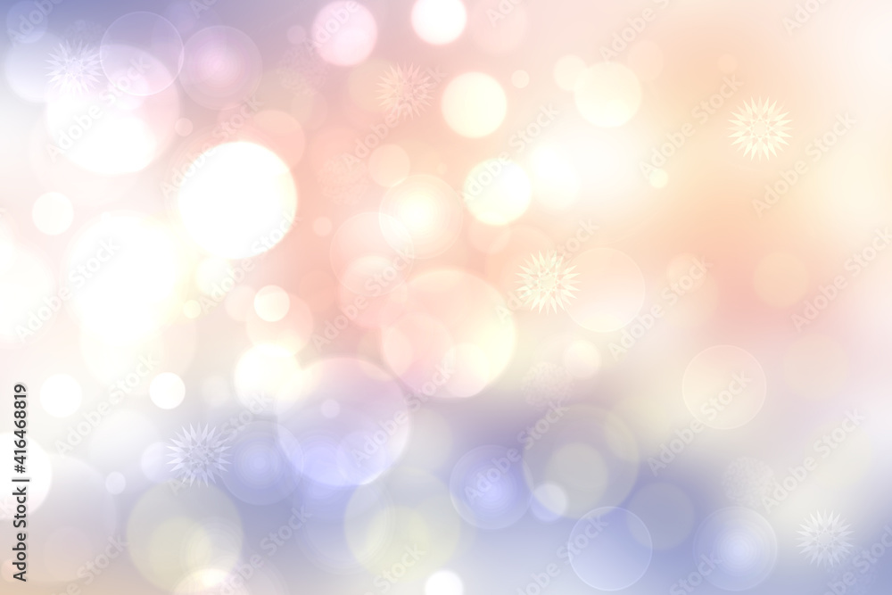 Abstract blurred festive delicate winter christmas or Happy New Year background with shiny light blue pink and white bokeh lighted stars. Space for your design. Card concept.