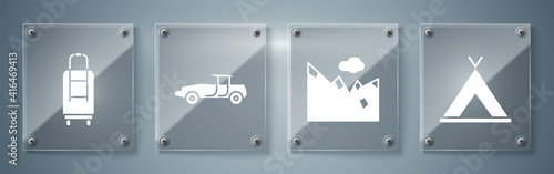 Set Tourist tent, Mountains, Car and Suitcase. Square glass panels. Vector.