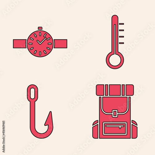 Set Hiking backpack, Wrist watch, Meteorology thermometer and Fishing hook icon. Vector.