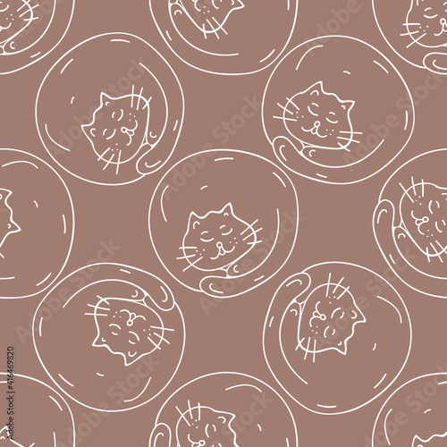 Seamless Doodle pattern with cats. Children's hand-drawn background. White outline on a brown background. Chalk vector Illustration. Ideal for textile design, wrapping paper