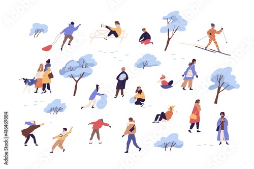 Set of trees in snow, outdoor activities and people on winter holidays. Adults and kids walking, playing, skiing, skating and sledding. Colored flat vector illustration isolated on white background