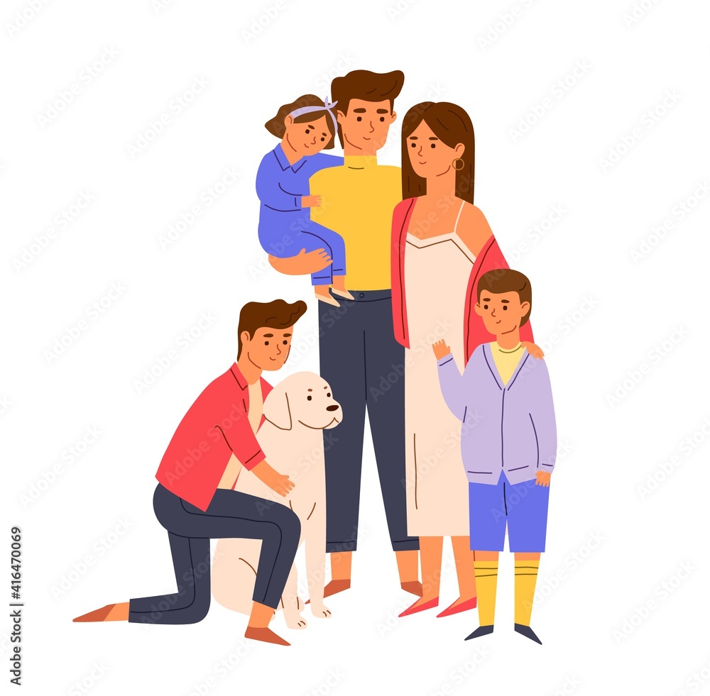 Fototapeta premium Portrait of big happy family standing together. Young smiling parents, children, baby and dog. Couple with kids and pet. Colored flat cartoon vector illustration isolated on white background
