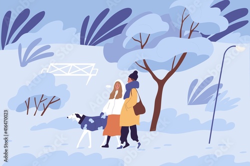 Couple of people walking with dog in winter park in cold freezing weather. Scene of happy friends enjoying stroll with pet in nature in frosty wintertime. Colored flat vector illustration