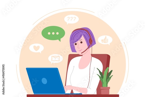 Call center, customer service, support and assistance landing page. Hotline woman operator with headsets and laptop. Concept of telemarketing and consultation. Cartoon vector illustration.