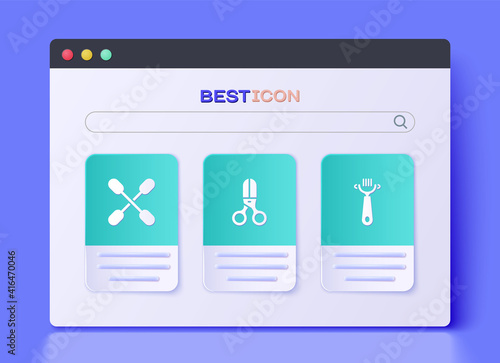 Set Scissors hairdresser, Cotton swab for ears and Hair brush dog and cat icon. Vector.