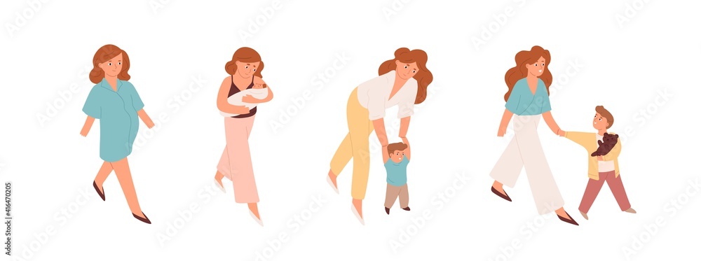Pregnant woman, mother with newborn baby, mom supporting toddler and walking with child. Motherhood and growing up stages of kid. Colored flat cartoon vector illustration isolated on white background