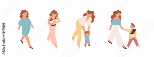 Pregnant woman, mother with newborn baby, mom supporting toddler and walking with child. Motherhood and growing up stages of kid. Colored flat cartoon vector illustration isolated on white background