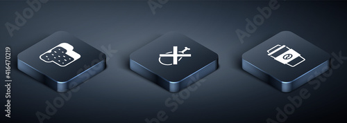 Set Isometric Bread toast, Coffee cup go and No meat icon. Vector.