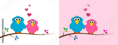 a loving bird couple sitting on a branch with colourful leaves