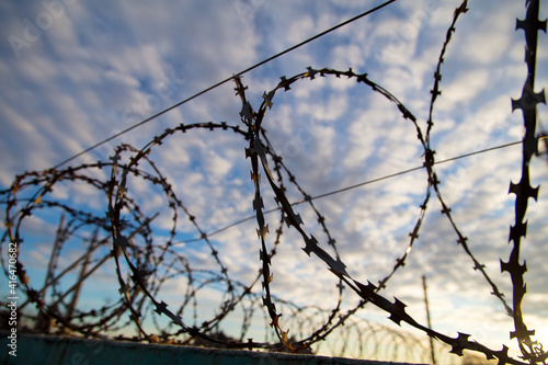 Barbed wire on the fence in the early morning. Background