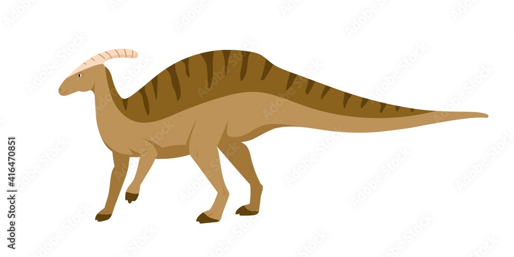 Parasaurolophus dino. Extinct dinosaur with cranial crest or bone on head. Animal of ancient Jurassic period. Prehistorical character. Flat cartoon vector illustration isolated on white background