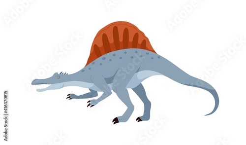 Profile of spinosaurus dino with fin-like fan on back. Extinct dinosaur of ancient jurassic period. Prehistorical character. Colored flat cartoon vector illustration isolated on white background