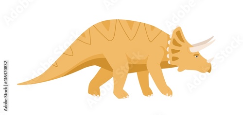 Side view of triceratops dino. Extinct dinosaur with frill and horns on head. Reptile of ancient Jurassic period. Prehistorical character. Flat cartoon vector illustration isolated on white background