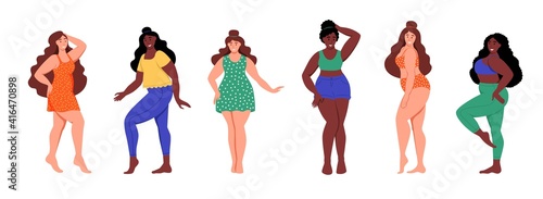 Set of curvy women. Plus size girls. The concept of body positivity, self-love. Love your body. Flat cartoon vector illustration.