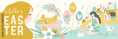 Happy Easter. Banner with cute illustrations of easter symbols and spring nature.