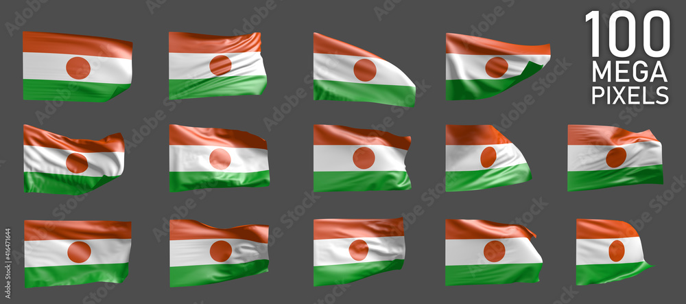 Niger flag isolated - different realistic renders of the waving flag on grey background - object 3D illustration Niger flag isolated - different realistic renders of the waving flag on grey background - object 3D illustration