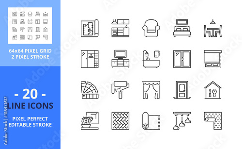Line icons about home decoration. Pixel perfect 64x64 and editable stroke