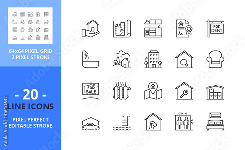 Line icons about real estate. Pixel perfect 64x64 and editable stroke