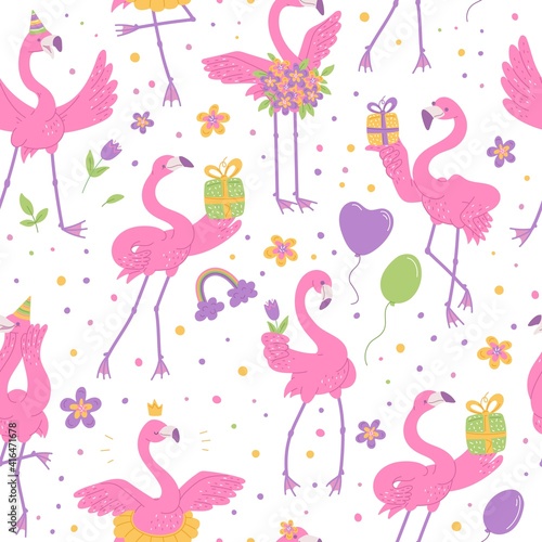 Cute pink flamingos celebrating birthday seamless pattern. African bird characters cartoon flat illustration on white background.