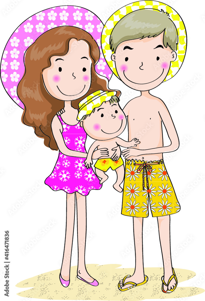 vector cartoon family daddy mommy baby in beach vector cartoon family daddy mommy baby in beach