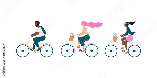 Happy bicyclist flat color vector detailed character set. African american man, woman. White girl cycling. Spring activity isolated cartoon illustration for web graphic design and animation collection
