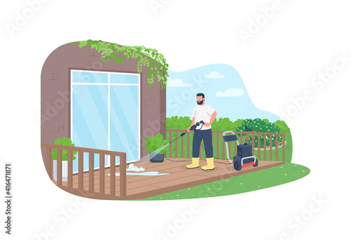 Deck cleaning with power wash gun 2D vector web banner, poster. Professional cleaner flat characters on cartoon background. Spring outside housekeeping work printable patch, colorful web element