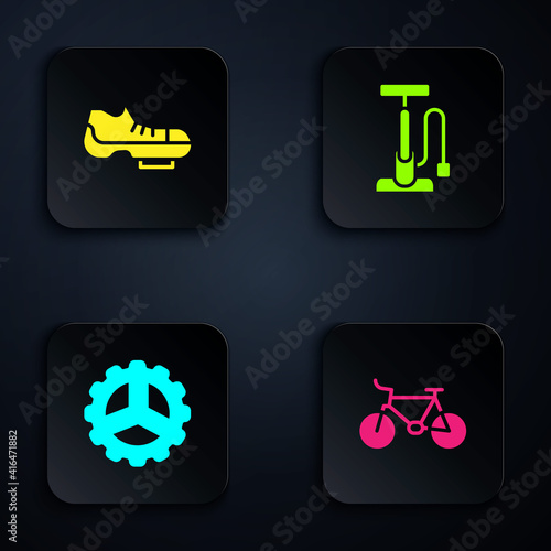 Set Bicycle, shoes, sprocket crank and air pump. Black square button. Vector.