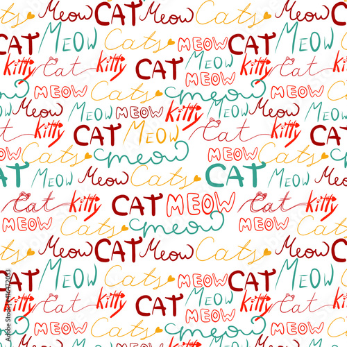 funny cat and meow letters vector seamless patern. Different words in a row