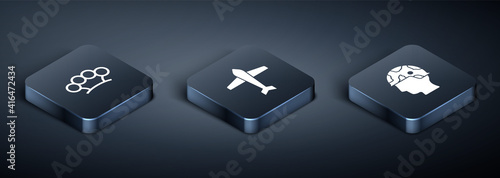 Set Isometric Brass knuckles, Army soldier and Jet fighter icon. Vector.