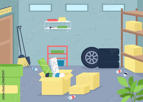 Garage junk flat color vector illustration. Spring cleaning and decluttering. Organize mess in home. Housekeeping work. Cluttered house 2D cartoon interior with furniture on background