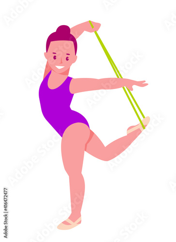 Rhythmic gymnast with a rope. Little girl in a gymnastic leotard. Vector illustration in flat cartoon style. Isolated on a white background.