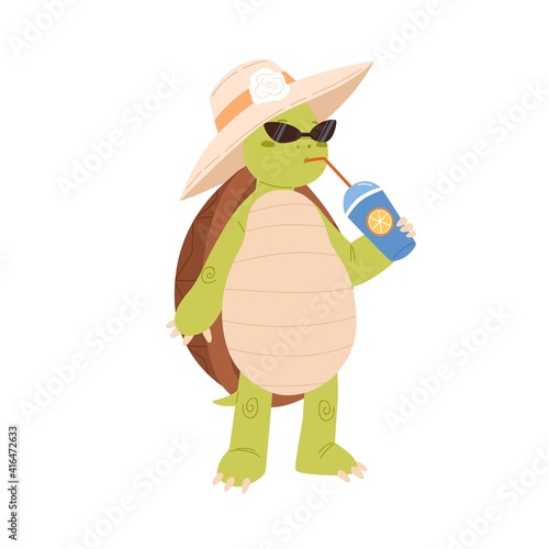 Cute and funny turtle drinking cocktail. Cool green tortoise in hat and sunglasses. Childish animal mascot. Colored flat vector illustration isolated on white background