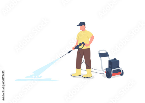 Professional cleaner with equipment flat color vector faceless character. Outside cleanup. Outdoor cleaning service isolated cartoon illustration for web graphic design and animation