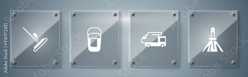 Set Handle broom, Garbage truck, Bucket with rag and Mop. Square glass panels. Vector.