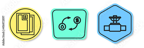 Set line Barrel oil, Oil exchange and Industry pipe and valve. Colored shapes. Vector.