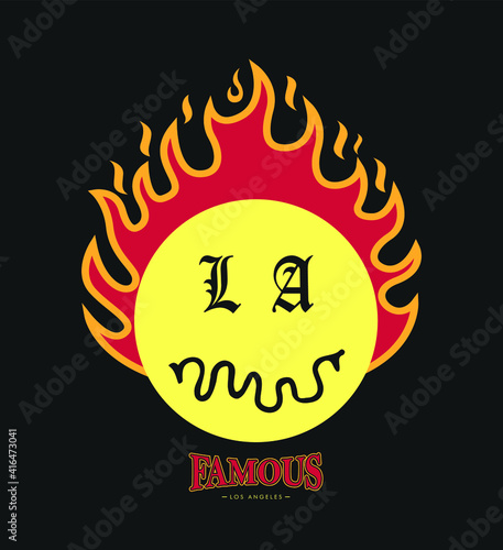 Smiley emoticon and fireball illustration, textile printing drawing, t-shirt graphic design - Vector