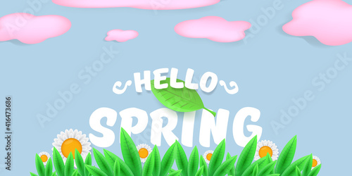 vector hello spring pink horizontal banner with text and flowers on soft blue sky background with pink clouds. hello spring slogan or label isolated on blue background