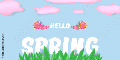 vector hello spring pink horizontal banner with text and flowers on soft blue sky background with pink clouds. hello spring slogan or label isolated on blue background