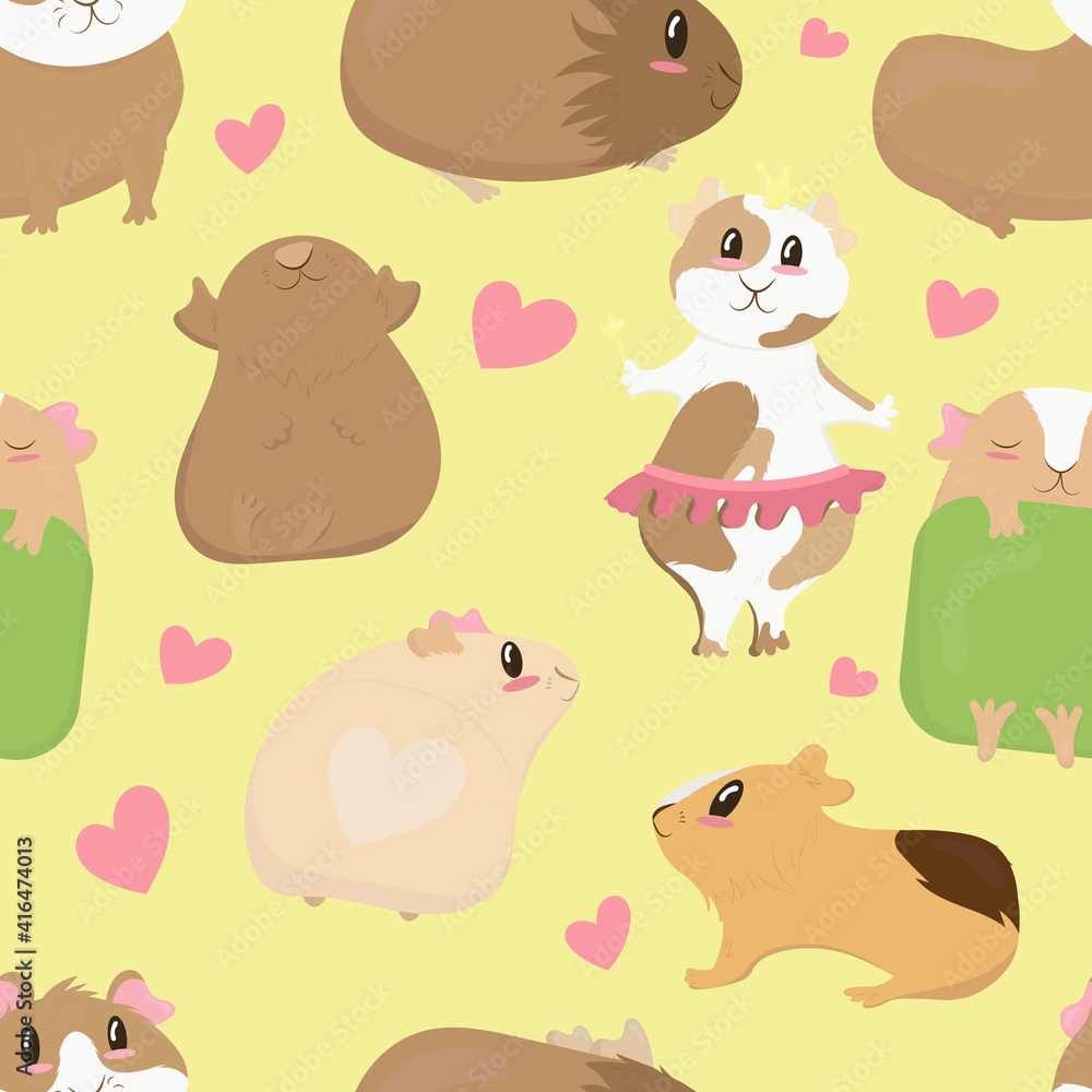 big set, cute funny guinea pigs of different colors stand, lie, sleep, cute home rodent, vector seamless pattern in flat style big set, cute funny guinea pigs of different colors stand, lie, sleep, cute home rodent, vector seamless pattern in flat style