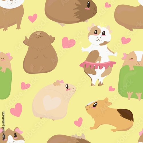 big set, cute funny guinea pigs of different colors stand, lie, sleep, cute home rodent, vector seamless pattern in flat style