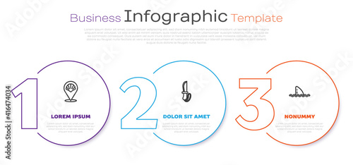 Set line Scallop sea shell, Knife and Shark fin in ocean wave. Business infographic template. Vector.
