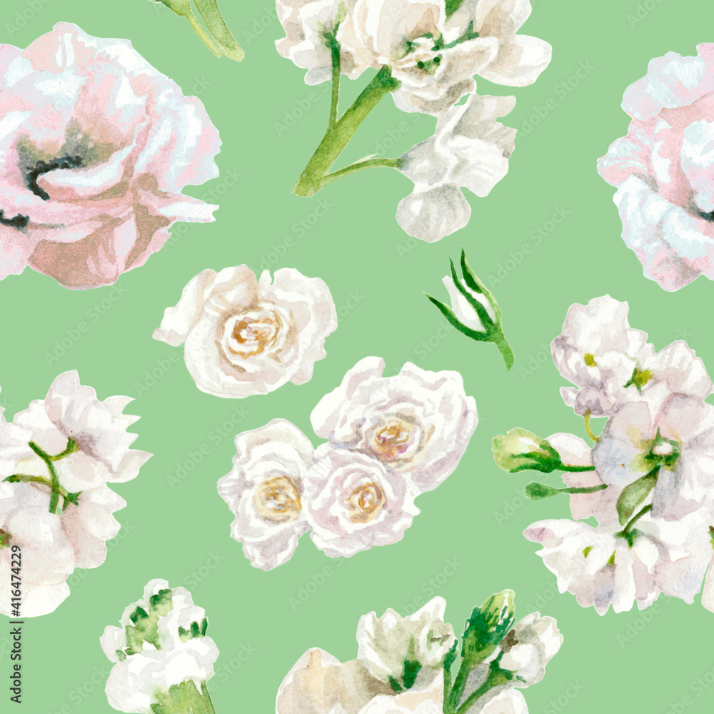 Pastel colors, floral pattern, white roses isolated on light green background. Watercolor painting