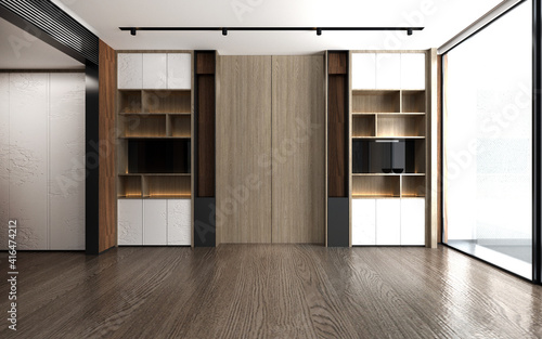 Wallpaper Mural Modern interior mock up design furniture decor and empty wood wall of living room and study room and wall pattern background, 3d rendering Torontodigital.ca